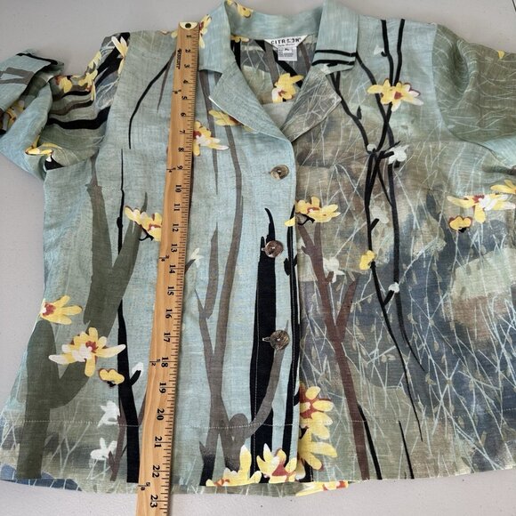 Citron Santa Monica Floral Top L Petite Green Silk Linen Button up Asian Art - Picture 7 of 11